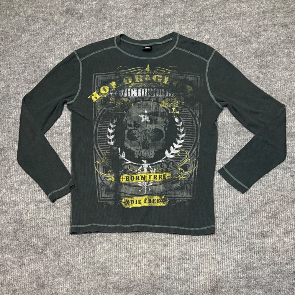 Grunge Y2K Mens Thermal Shirt Large Grey Skull Graphic Long Sleeve Waffle Knit